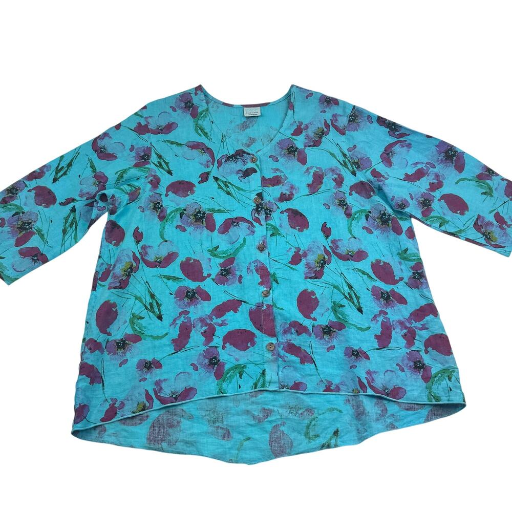 C.M.C. Color Me Cotton Floral Art to Wear Lightweight Button Down Top Women's XL
